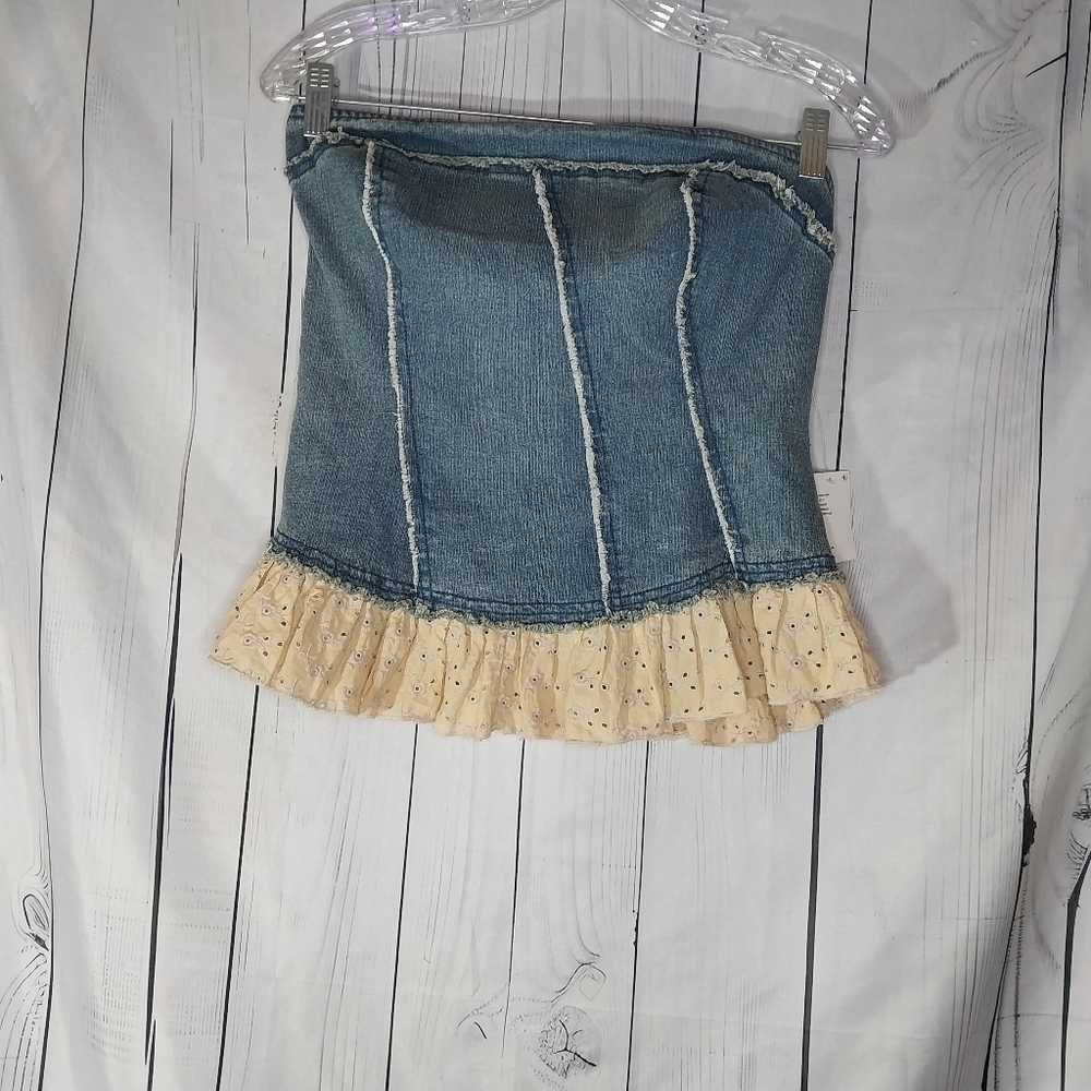 Kimchi Blur Urban Outfitters Denim And Lace Coquette Ruffle Tube Top Size L NWT